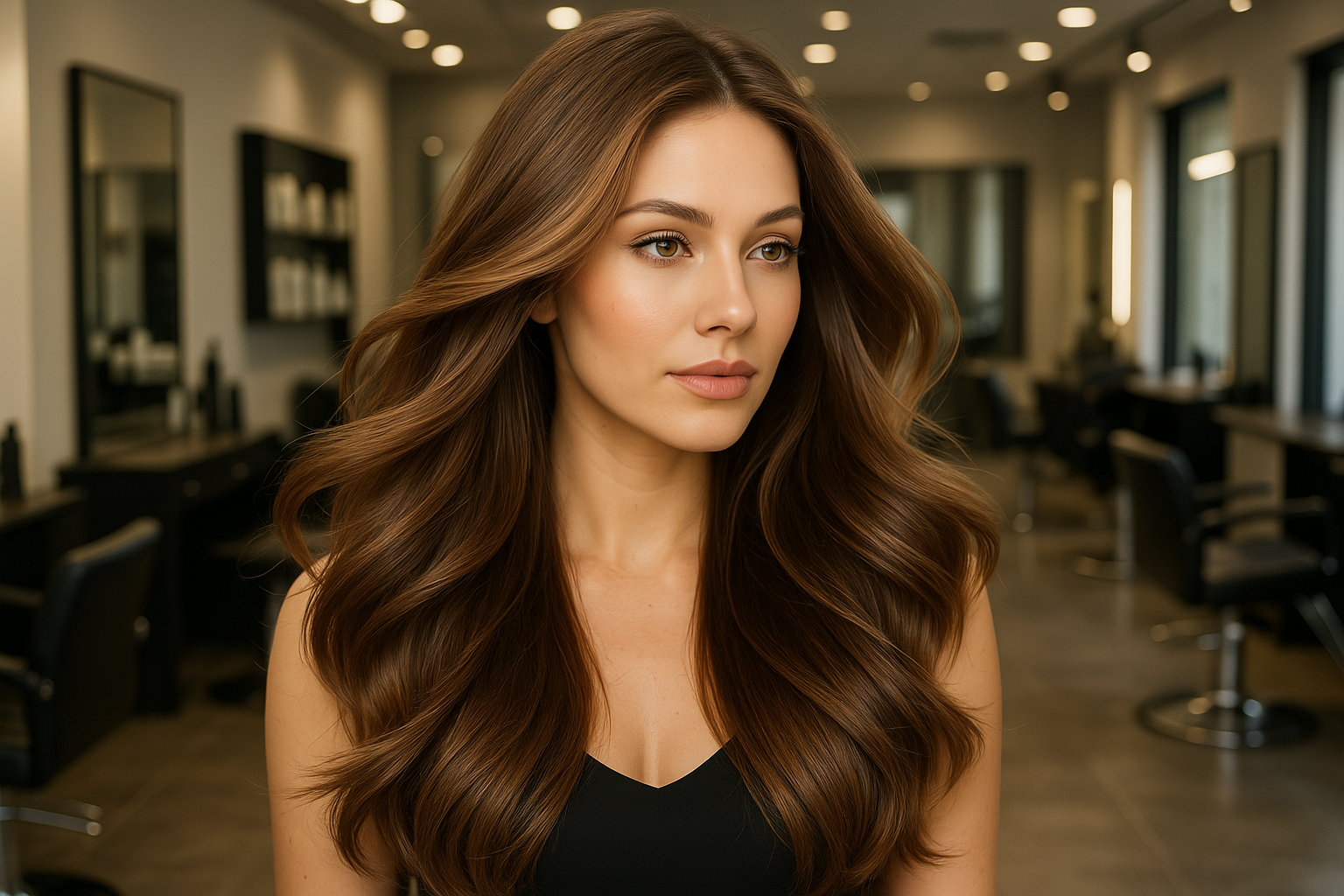 Professional salon model with long, flowing hair in salon setting