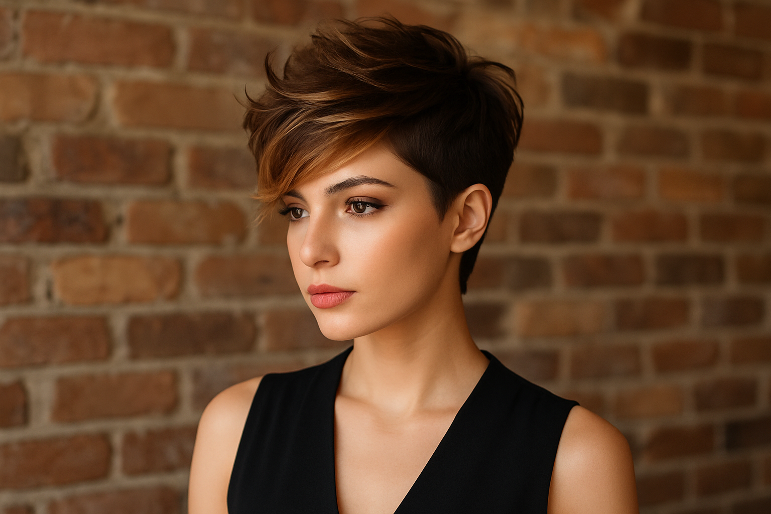 Professional salon model with stylish hair against brick wall background